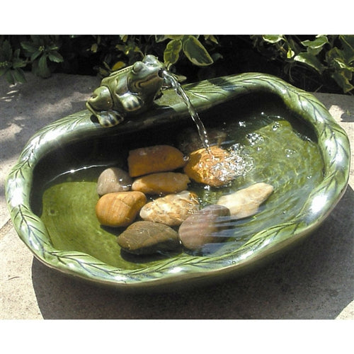 Green Glazed Ceramic Fountain Bird Bath with Frog and Solar Pump image 1