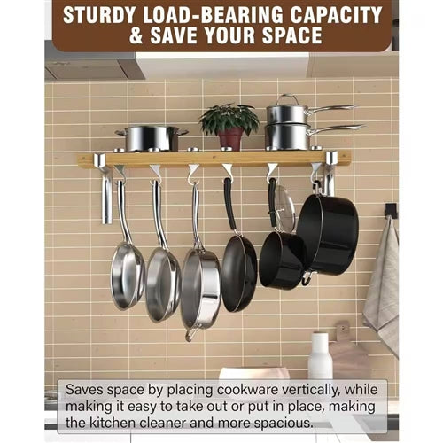 36-inch x 8-inch Wall Mounted Metal Wood Pot Rack with 6 Swivel Hooks image 3