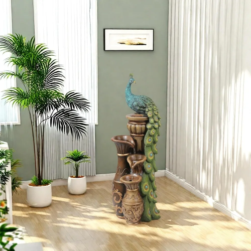 LuxenHome Outdoor Water Fountain, 44 Inch Resin Peacock Water Fountain Outdoor with Urns and LED Light, Tall Fountains Outdoor f