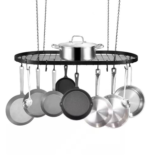 Black Carbon Steel Ceiling Mount Oval Hanging Kitchen Pot Rack with 12 Hooks image 0