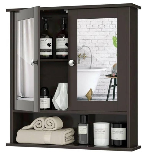 Grey or Brw Wood Bathroom Wall Medicine Cabinet with Mirrored Doors and Shelf image 5