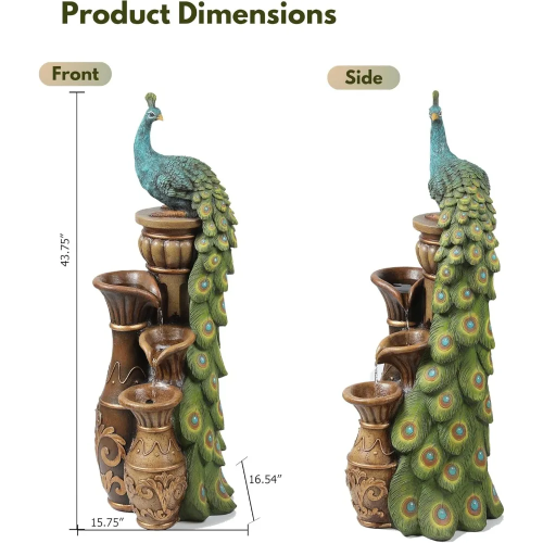 LuxenHome Outdoor Water Fountain, 44 Inch Resin Peacock Water Fountain Outdoor with Urns and LED Light, Tall Fountains Outdoor f