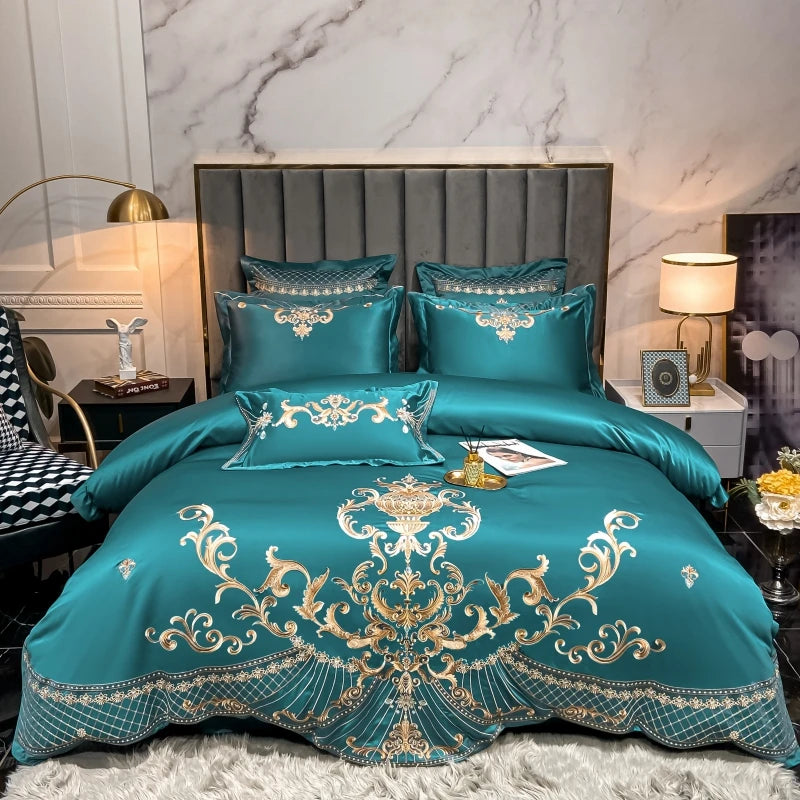 Luxury Royal Gold Embroidery Washed Satin Cotton Pearl White Bedding Set Duvet Cover Flat/Fitted Sheet Pillowcases Home Textiles