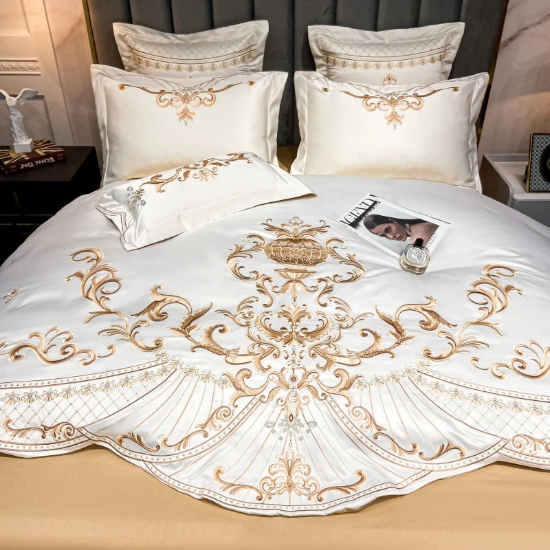 Luxury Royal Gold Embroidery Washed Satin Cotton Pearl White Bedding Set Duvet Cover Flat/Fitted Sheet Pillowcases Home Textiles
