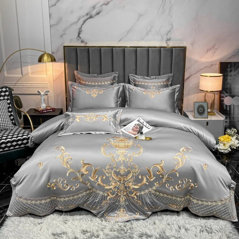 Luxury Royal Gold Embroidery Washed Satin Cotton Pearl White Bedding Set Duvet Cover Flat/Fitted Sheet Pillowcases Home Textiles