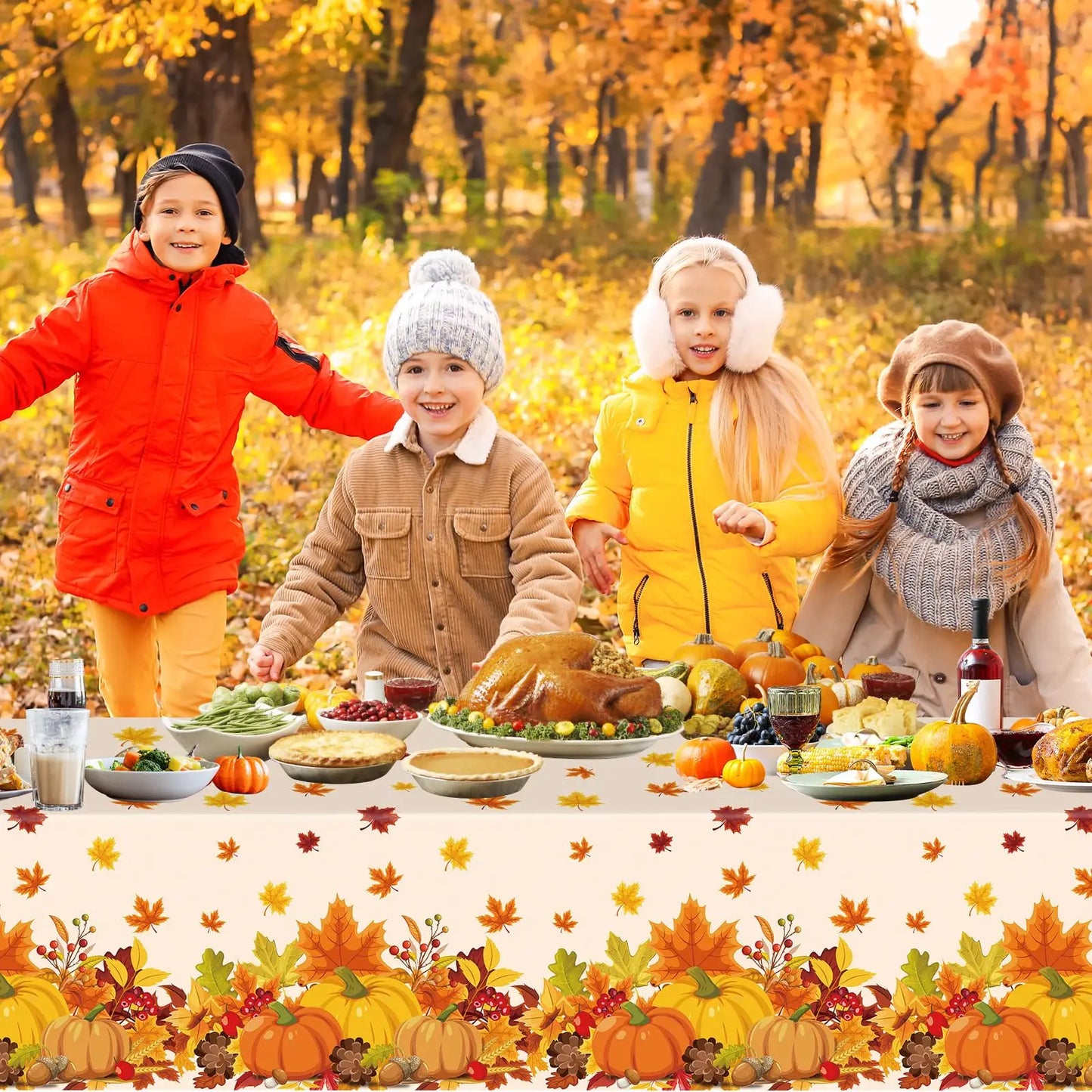Thanksgiving Tablecloth Fall Autumn Rectangle Pumpkin Maple Leaf Table Cover for Happy Thanksgiving Day Party Supplies Favors