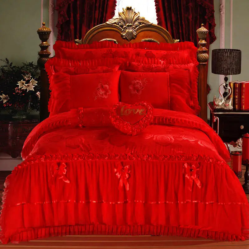 Luxury Princess Wedding Bedding Set King Queen Size Pink Red Lace Jacquard Satin Duvet Cover Bedspread Bed Sheet Pillowcases