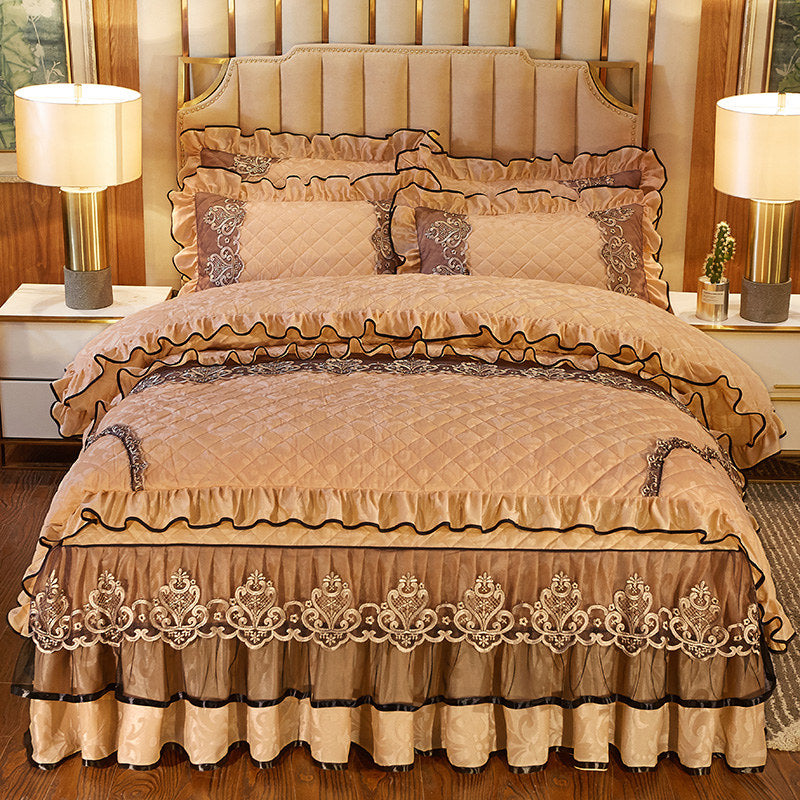 European Velvet Bedding Set, Luxury Comforter Cover, Quilted Lace Bedskirt, Soft image 0