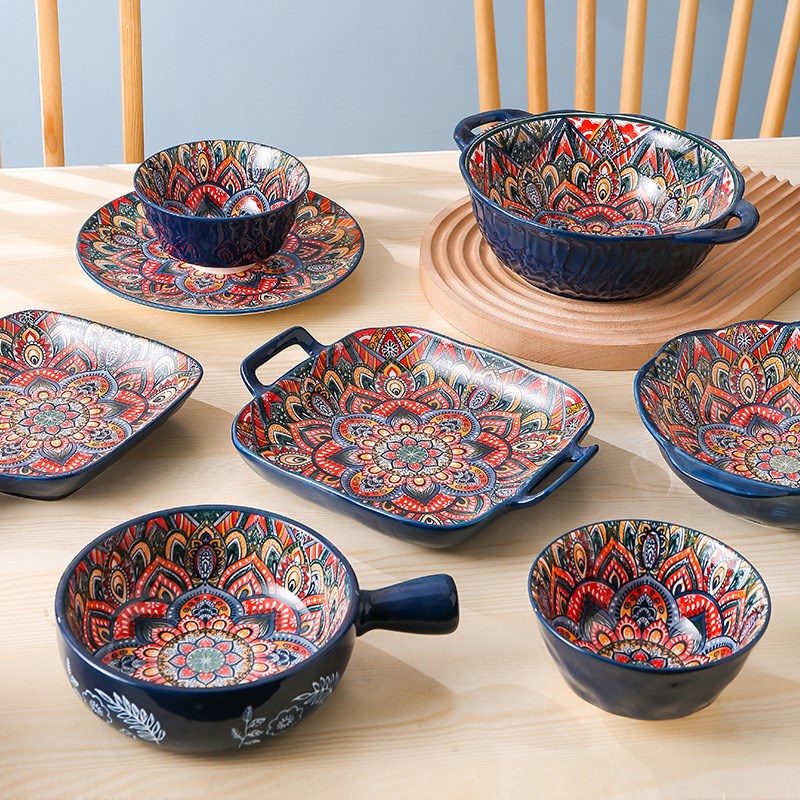 New Bohemian Style Ceramic Household Dishes with Handles Bowls Dishes and Househ image 1