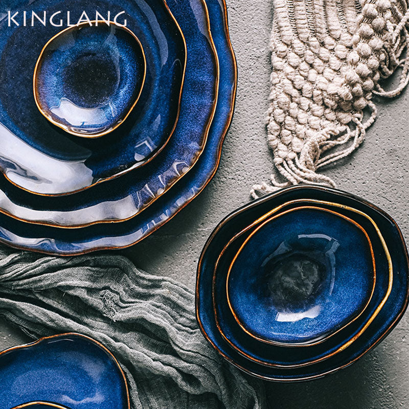 KINGLANG 1/2/4 Person Tableware Set Blue Color Ceramics Irregular Shape Dinner S image 1