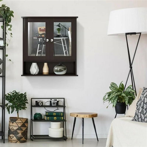 Grey or Brw  Wood Bathroom Wall  Medicine Cabinet with Mirrored Doors and Shelf image 6