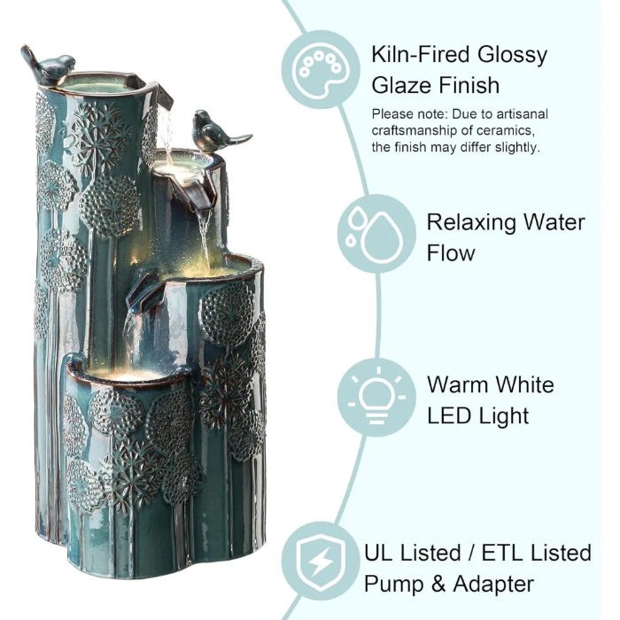 31.75" H Outdoor Water Fountain with LED Lights and Pump, 4 Tier Dandelion Textu image 3