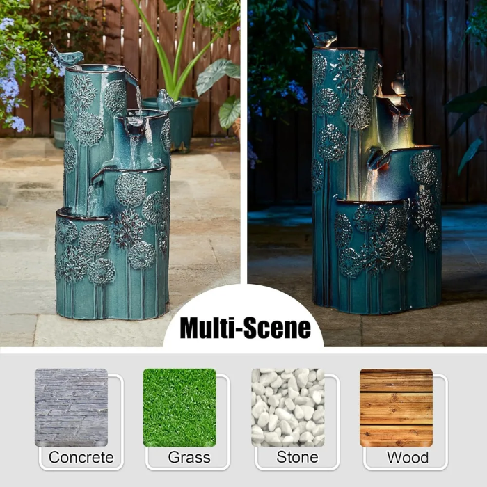 31.75" H Outdoor Water Fountain with LED Lights and Pump, 4 Tier Dandelion Textu image 4
