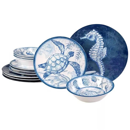 12-Piece Sea Shells Ocean Theme Dinnerware Set in Blue and White - Service for 4 image 0