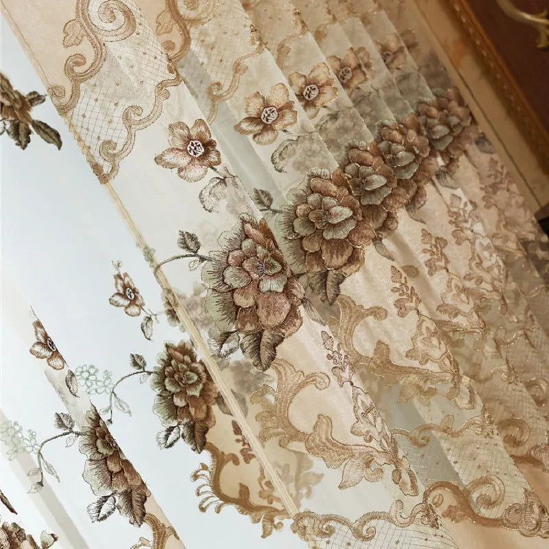 Luxury Embroidered Curtains for Living Dining Room Bedroom European Style Beige  image 1