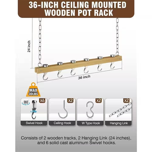Ceiling Mounted 36-inch Wooden Pot Rack with 4 Pan Hanging Hooks and 2 Swivel Ho image 4