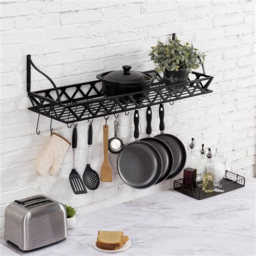 Black Metal Rectangular Wall Mounted Kitchen Pot Rack with 12 Hanging Hooks image 0