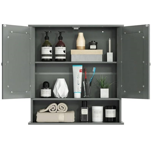 Grey or Brw  Wood Bathroom Wall  Medicine Cabinet with Mirrored Doors and Shelf image 2