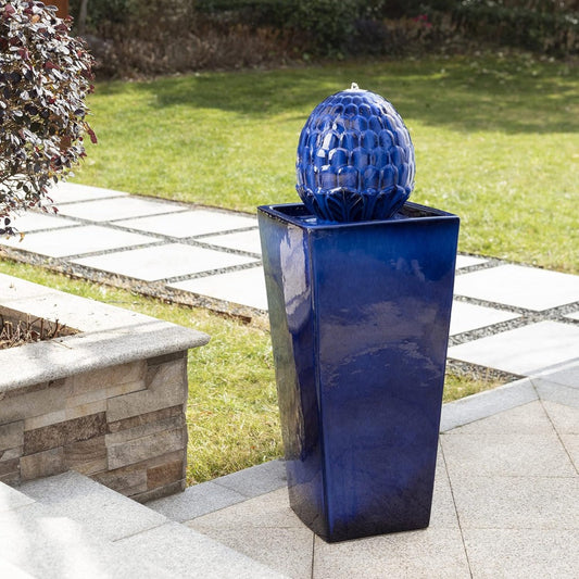 Ceramic Outdoor Water Fountain with LED Light, Oversized Artichoke Pedestal Wate image 0
