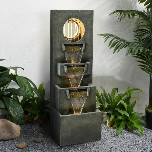 Modern Outdoor Waterfall Fountain 39.3 Inch Indoor Relaxing Floor Fountain 4-Tier Water Feature with LED Light Pump Garden Patio
