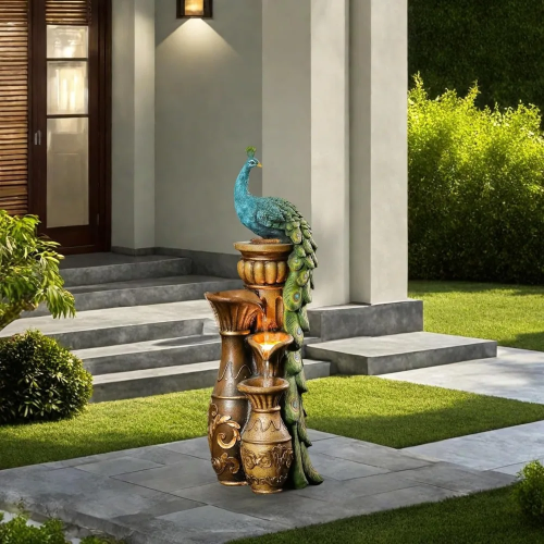 LuxenHome Outdoor Water Fountain, 44 Inch Resin Peacock Water Fountain Outdoor w image 0