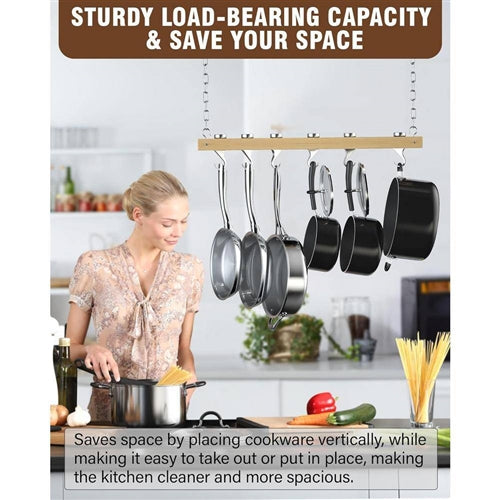 Ceiling Mounted 36-inch Wooden Pot Rack with 4 Pan Hanging Hooks and 2 Swivel Ho image 1