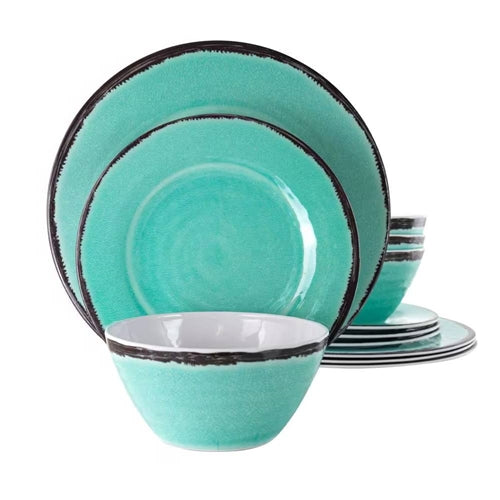 12-Piece Melamine Plates Bowls Dinnerware Set in Turquoise Blue - Service for 4 image 0