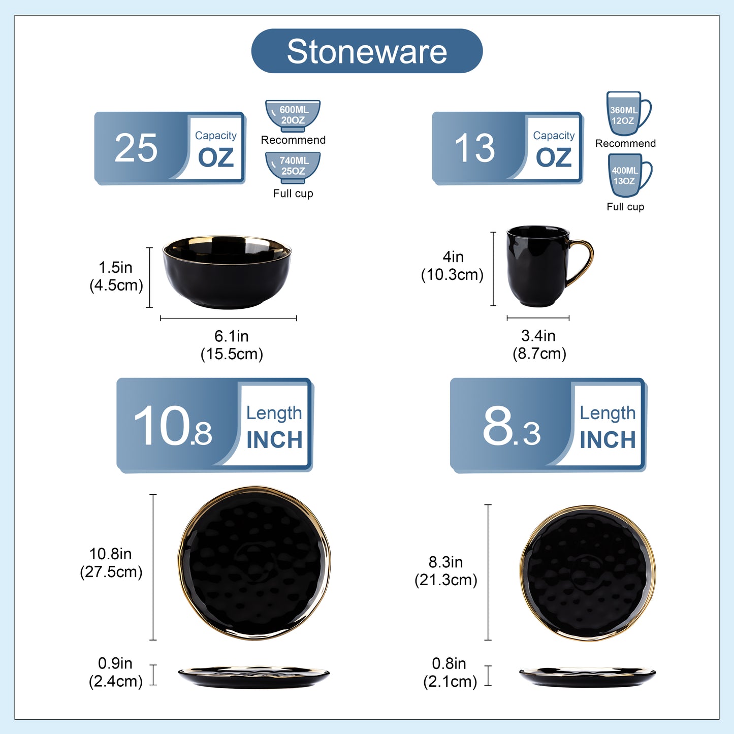 LOVECASA 16/32 Piece Black Porcelain Dinnerware Set with Gold Trim Dessert Plate image 1