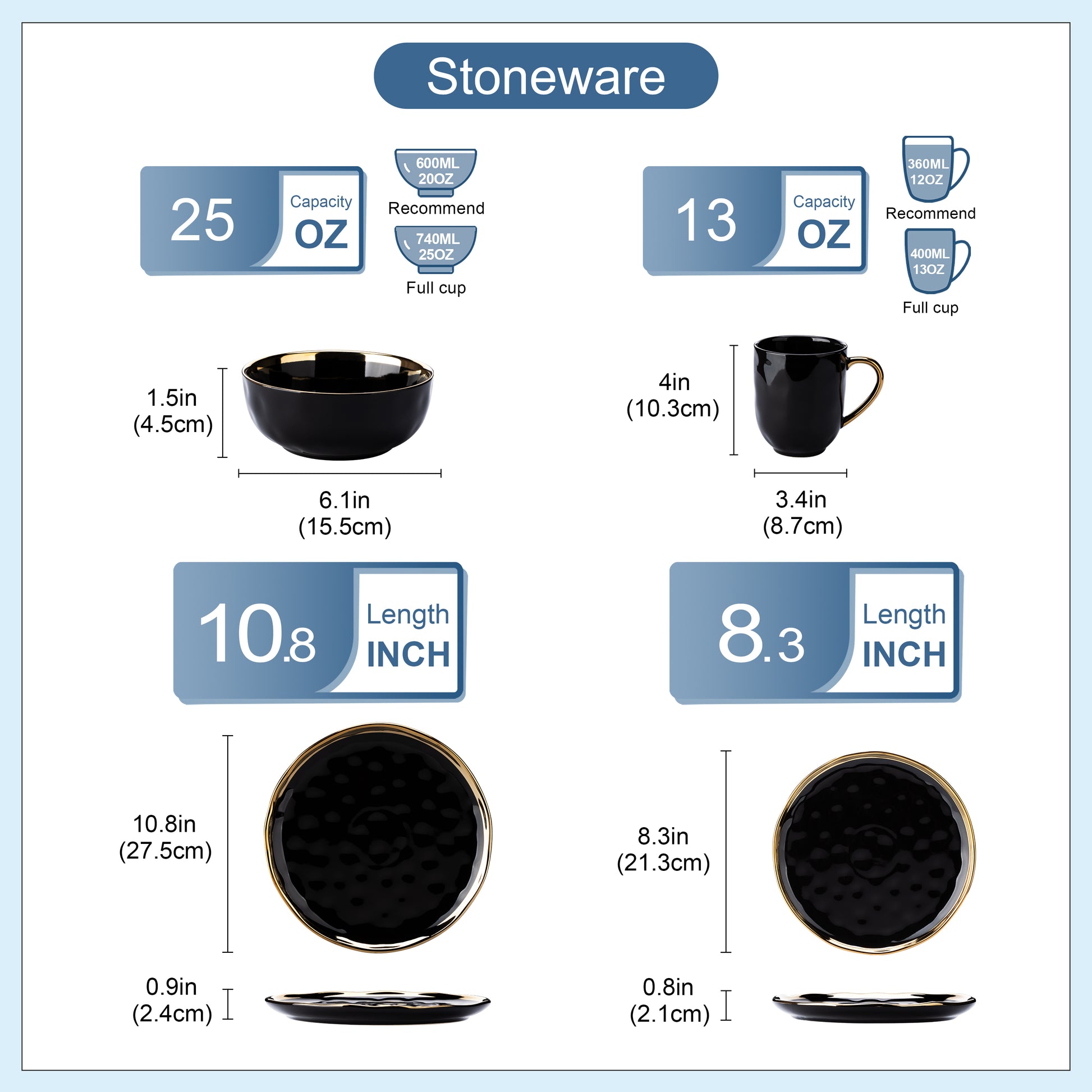 LOVECASA 16/32 Piece Black Porcelain Dinnerware Set with Gold Trim Dessert Plate image 1