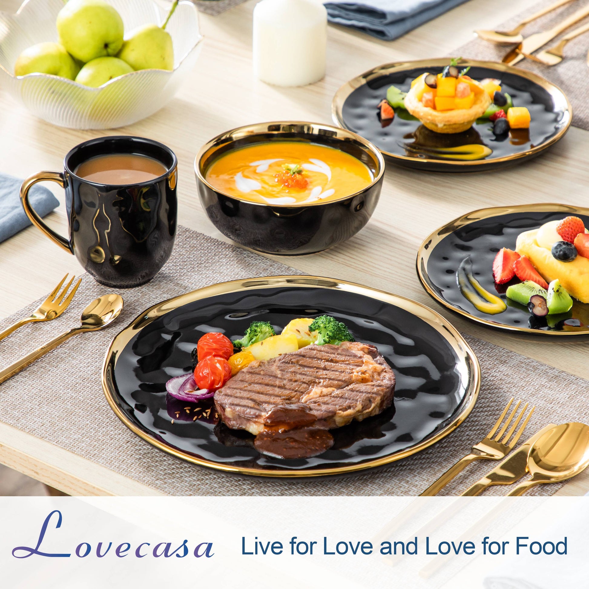 LOVECASA 16/32 Piece Black Porcelain Dinnerware Set with Gold Trim Dessert Plate image 3