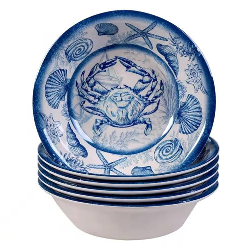 6-Piece Dinner Bowl Set with Blue White Ocean Sea Shells Crab Starfish Pattern image 0