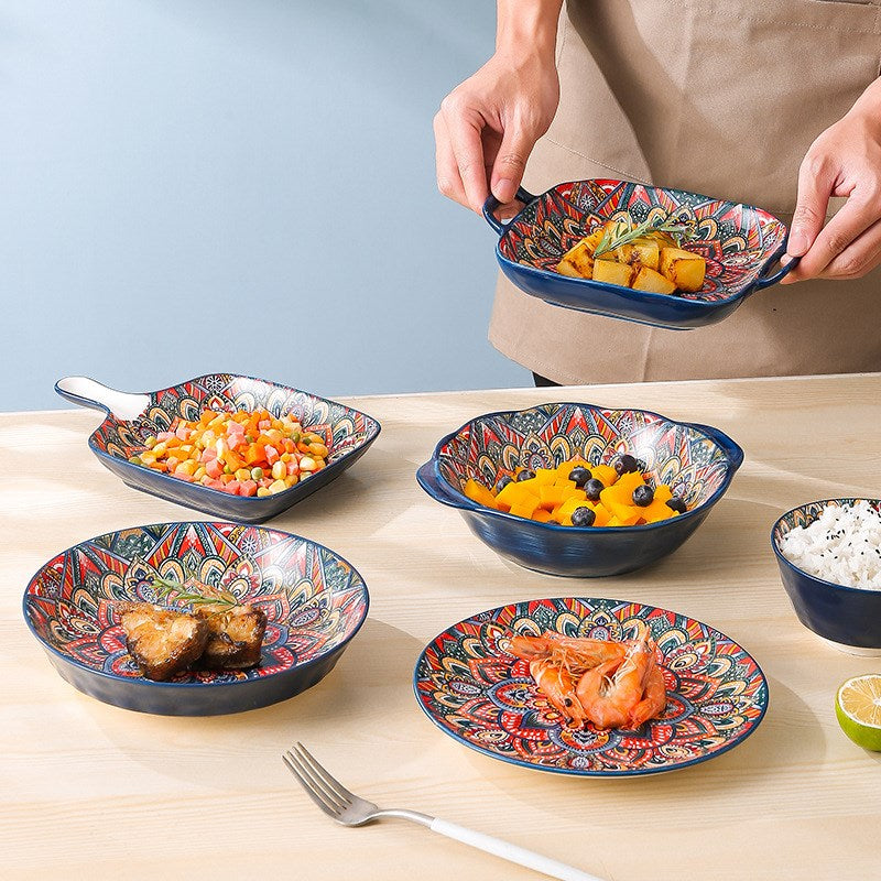 New Bohemian Style Ceramic Household Dishes with Handles Bowls Dishes and Househ image 4