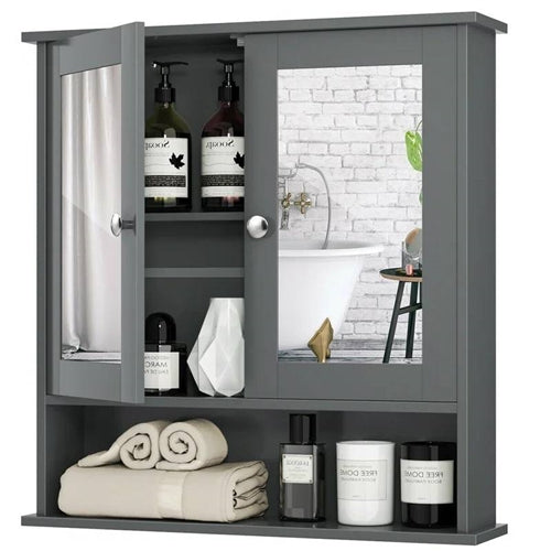 Grey or Brw  Wood Bathroom Wall  Medicine Cabinet with Mirrored Doors and Shelf image 1