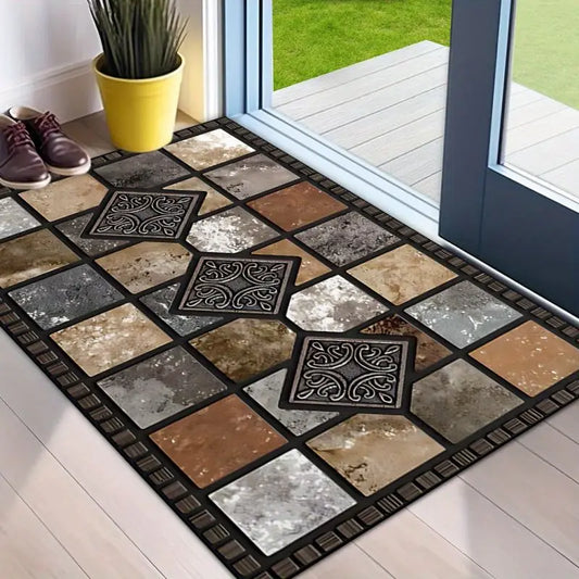 Non-Slip Washable Doormat Welcome Mat with Red Stone and Tile Pattern Rug for Ho image 0