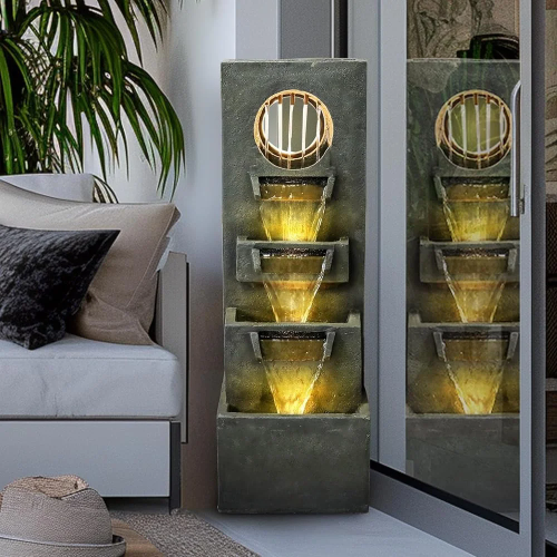 Modern Outdoor Waterfall Fountain 39.3 Inch Indoor Relaxing Floor Fountain 4-Tier Water Feature with LED Light Pump Garden Patio