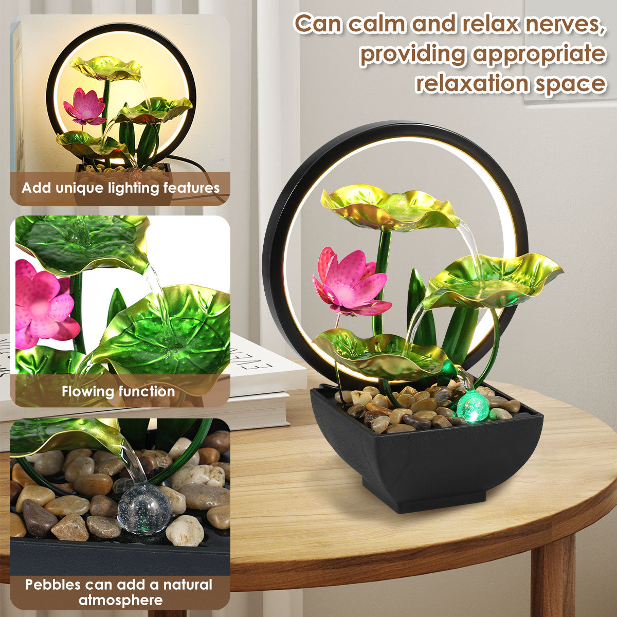Tabletop Fountain 3-Tiers Water Li Leaf Waterfall Fountains Indoor with Rocks De image 1