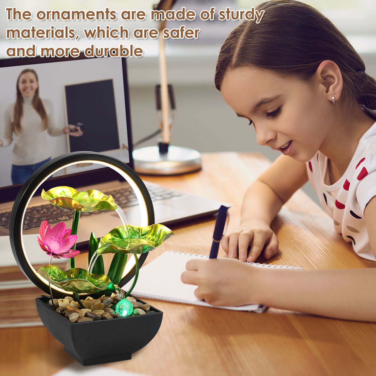 Tabletop Fountain 3-Tiers Water Li Leaf Waterfall Fountains Indoor with Rocks De image 4