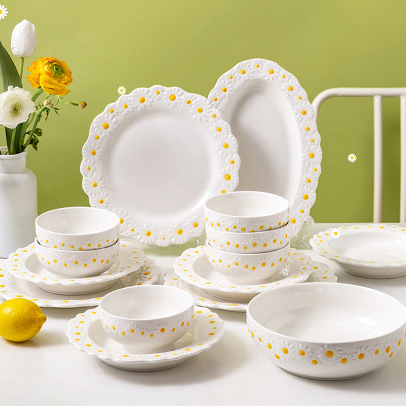 Ceramic Daisy Embossed Creative Dishes, Household Vegetable Rice Soup Bowl Dinne image 0