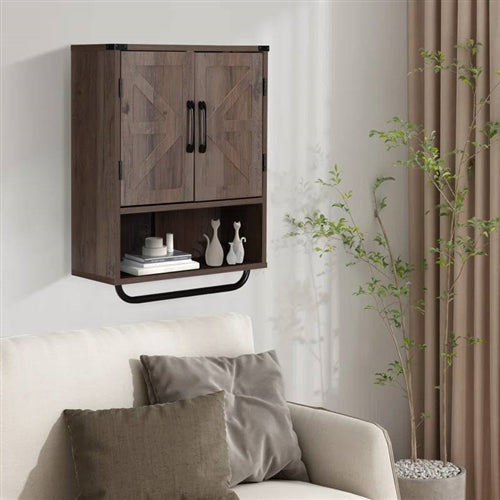 Farmhouse Bathroom Wall Cabinet with Towel Bar in 3 Colors Brown Wood Finish image 2