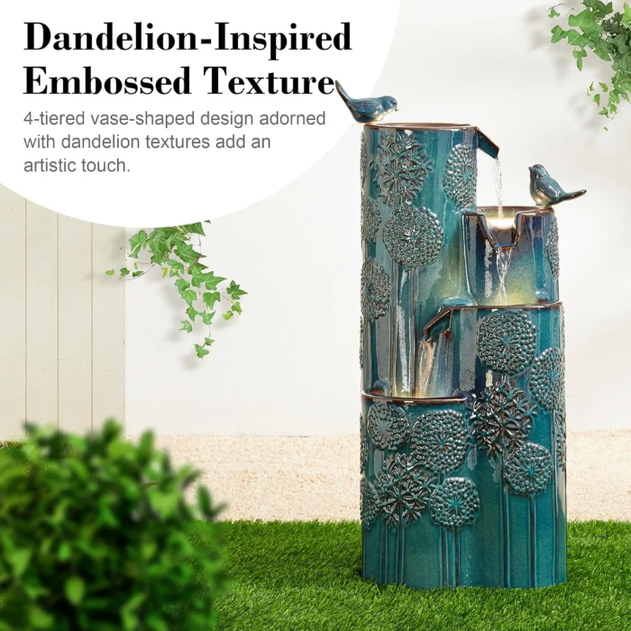 31.75" H Outdoor Water Fountain with LED Lights and Pump, 4 Tier Dandelion Textu image 2