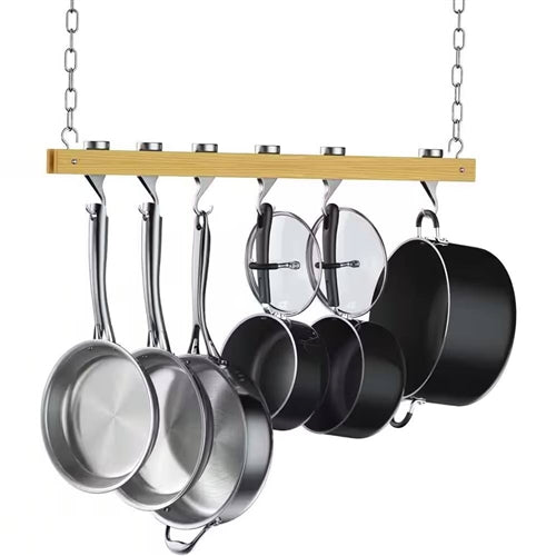 Ceiling Mounted 36-inch Wooden Pot Rack with 4 Pan Hanging Hooks and 2 Swivel Ho image 0