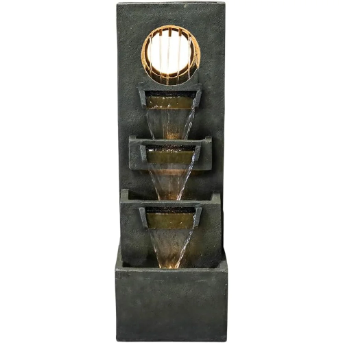 Modern Outdoor Waterfall Fountain 39.3 Inch Indoor Relaxing Floor Fountain 4-Tier Water Feature with LED Light Pump Garden Patio