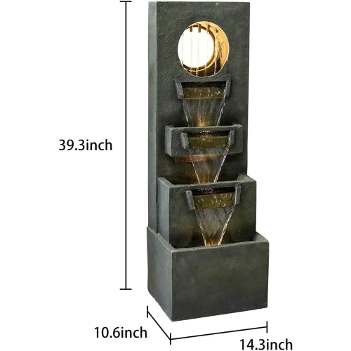 Modern Outdoor Waterfall Fountain 39.3 Inch Indoor Relaxing Floor Fountain 4-Tier Water Feature with LED Light Pump Garden Patio