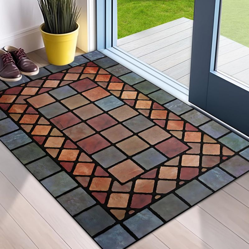 Non-Slip Washable Doormat Welcome Mat with Red Stone and Tile Pattern Rug for Ho image 6