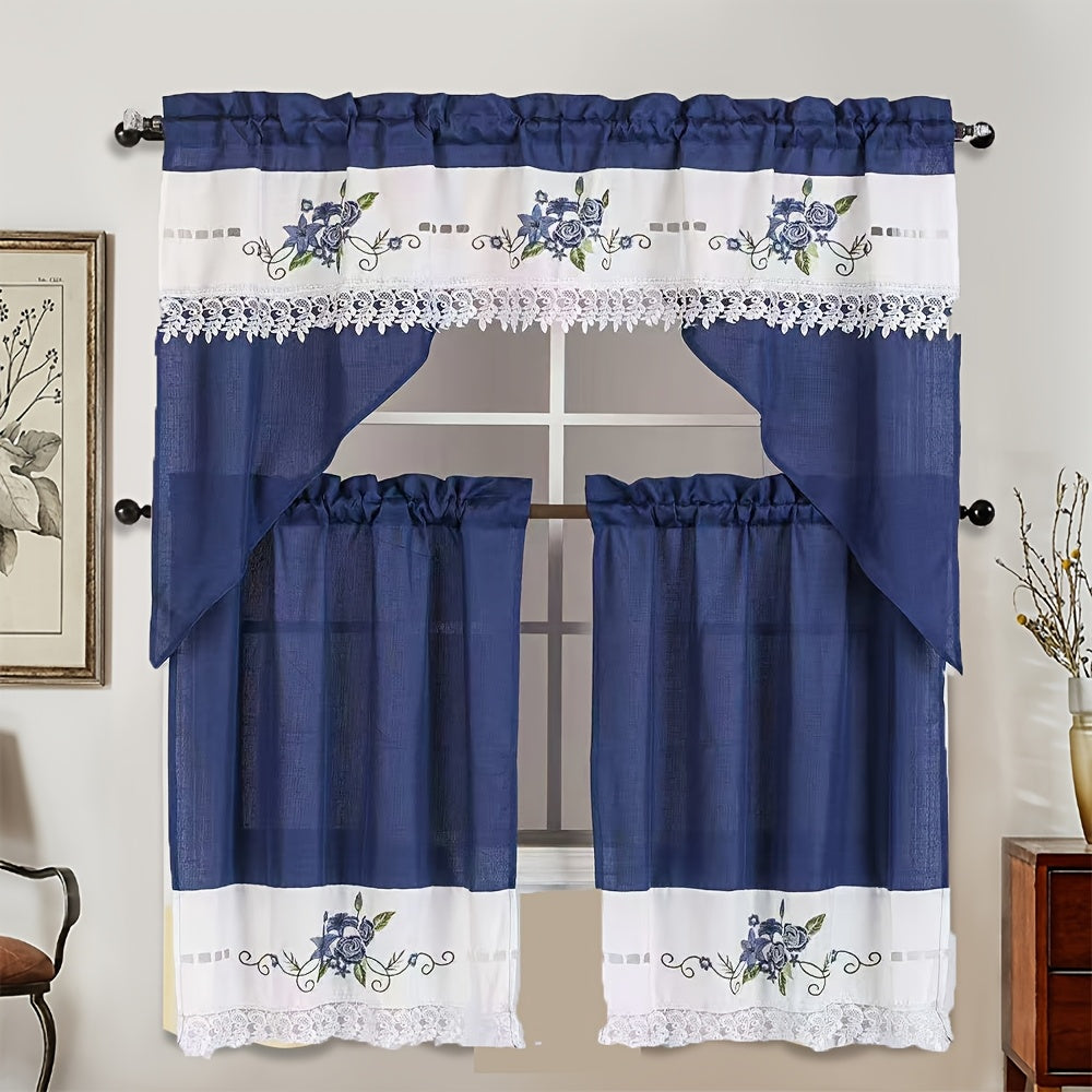 3pcs Bamboo Texture Embroidery Kitchen Curtains Set ROSES Pattern Translucency L image 1