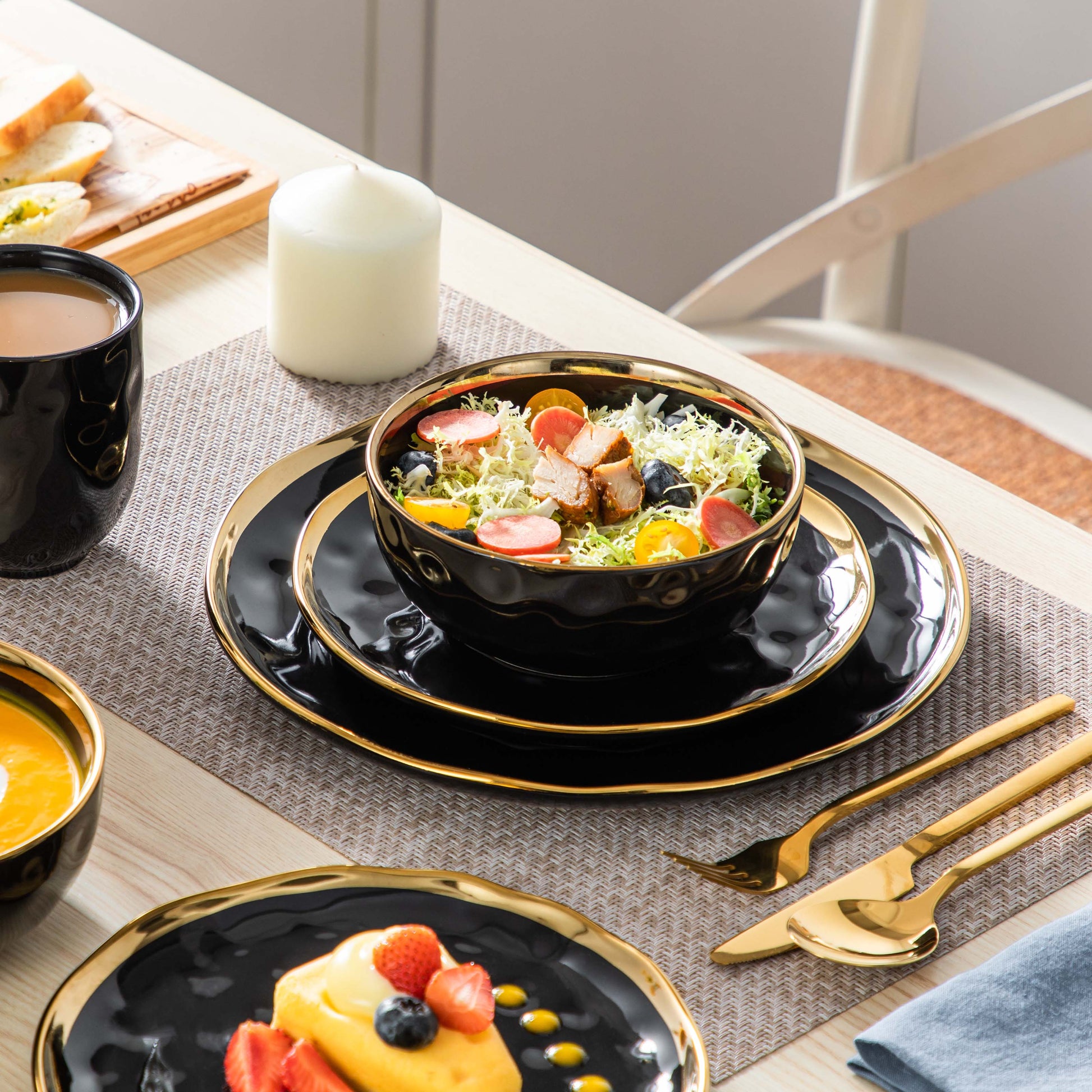 LOVECASA 16/32 Piece Black Porcelain Dinnerware Set with Gold Trim Dessert Plate image 4