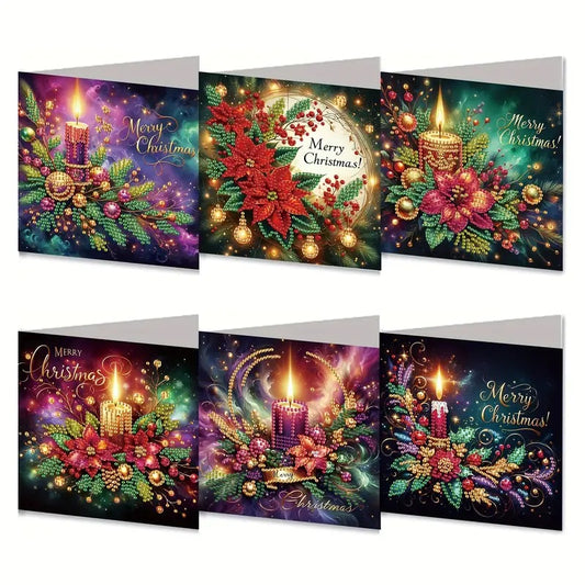 6 Christmas Candle Flowers Greeting Cards Diamond Jewel Art COMPLETED & SEALED image 0