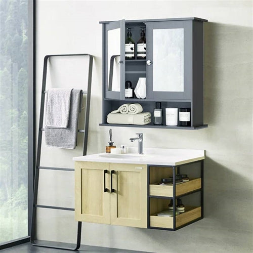 Grey or Brw  Wood Bathroom Wall  Medicine Cabinet with Mirrored Doors and Shelf image 3