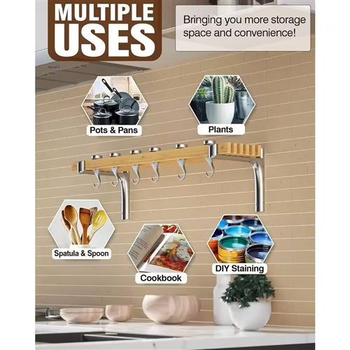 36-inch x 8-inch Wall Mounted Metal Wood Pot Rack with 6 Swivel Hooks image 2