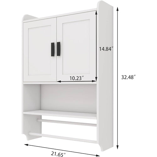 White Bathroom Wall Cabinet with Towel Bar and Storage Shelf image 4
